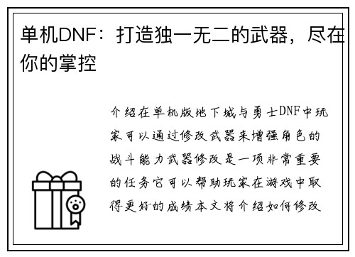 单机DNF：打造独一无二的武器，尽在你的掌控